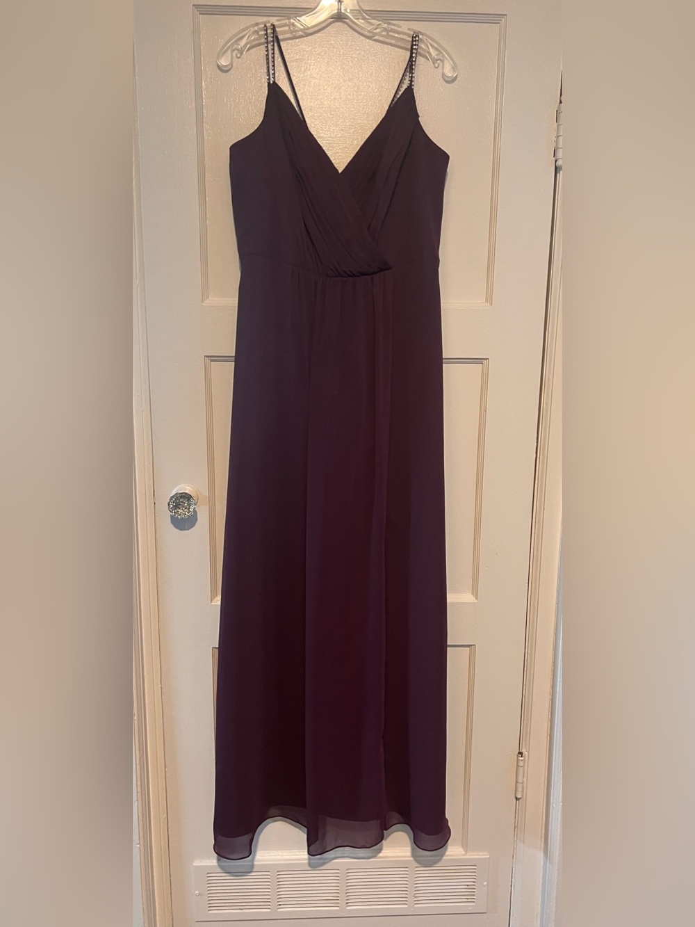 David's Bridal Plum V-Neck Spaghetti Strap Chiffon Gown